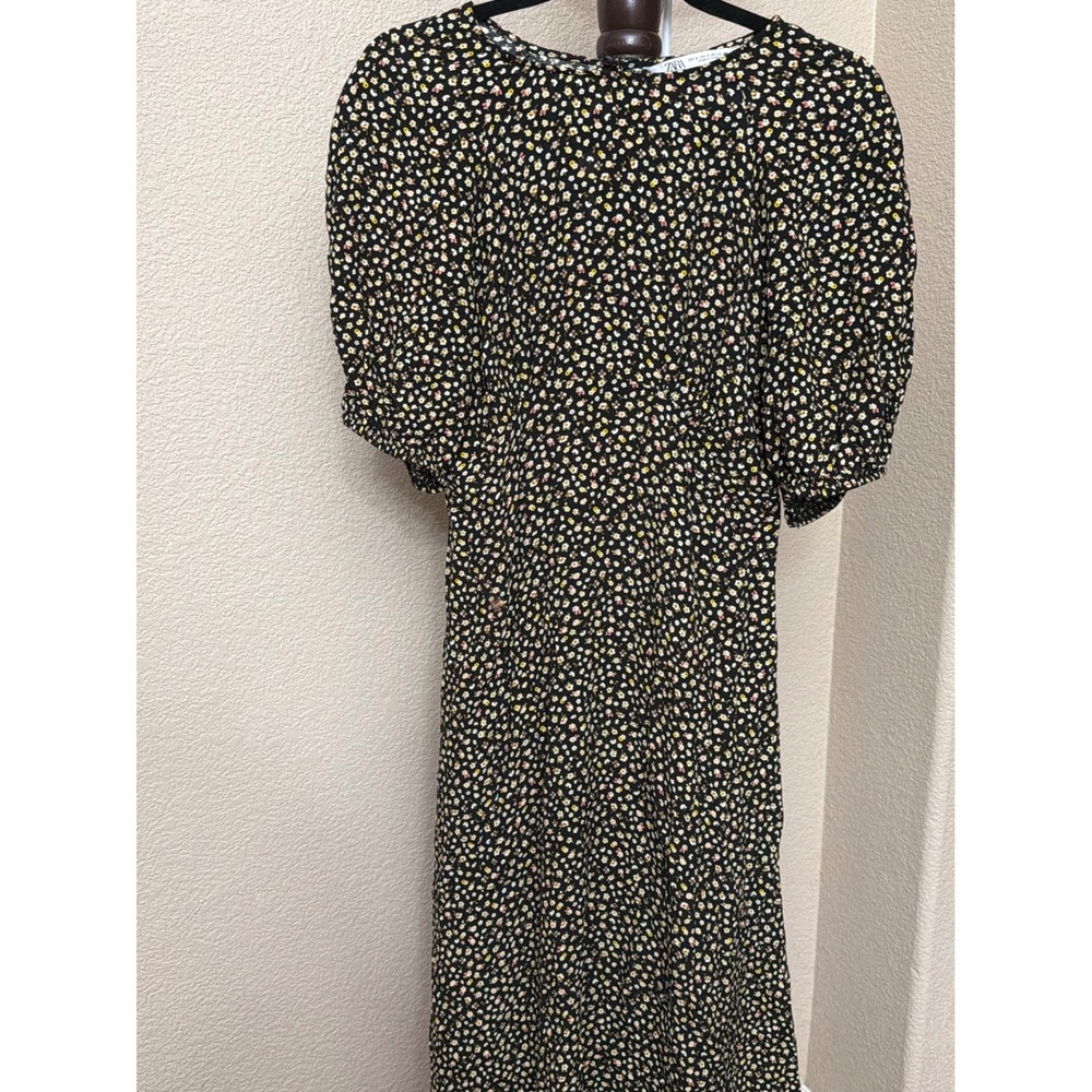 Zara Black Ditsy Floral Midi Dress Puff Sleeve Side Zip Size Medium